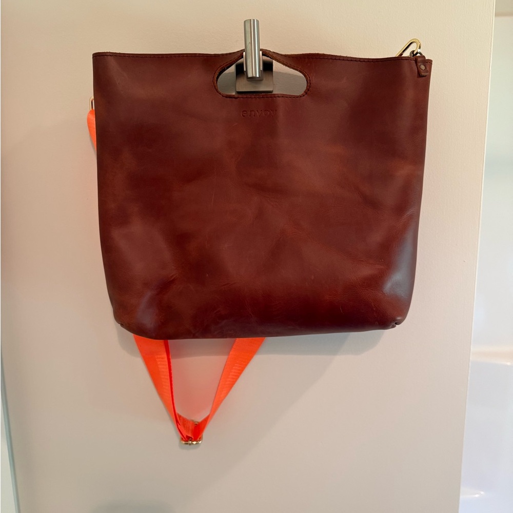 Brown Leather  Bag with Orange Strap